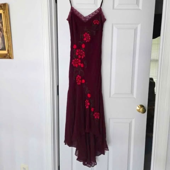 Sue wong Maroon Floral Maxi Dress 100% Silk with free pink silk shall - Picture 2 of 13